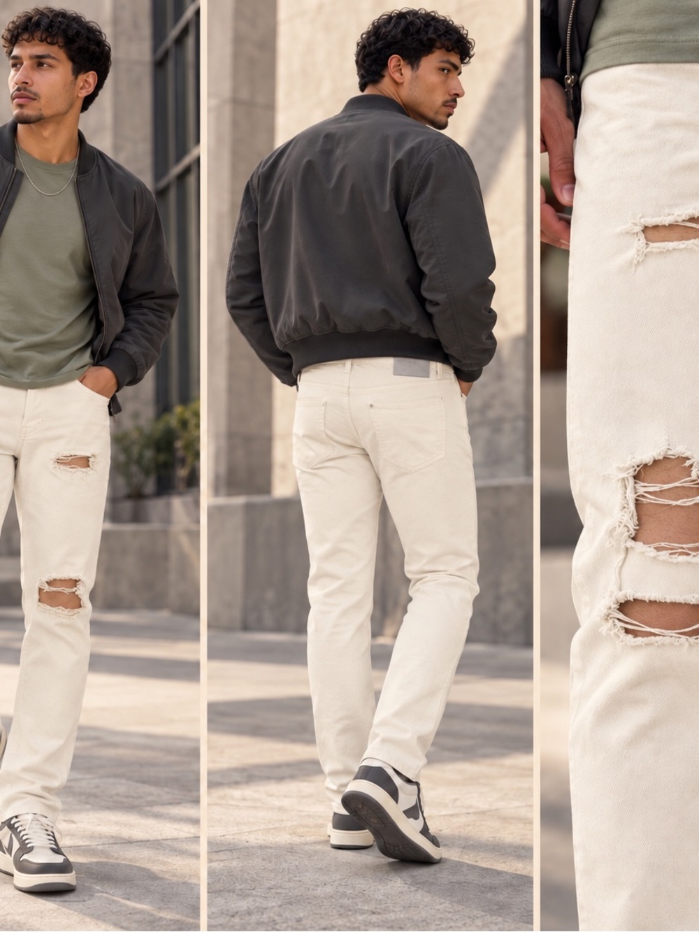 H&M Men's Slim Straight Ripped Jeans in Cream